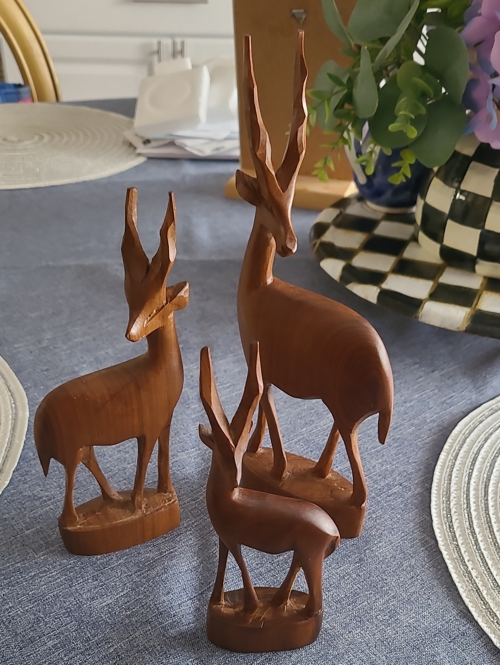 Hand-Carved Wooden Antelope Trio - Brown Decorative Sculptures